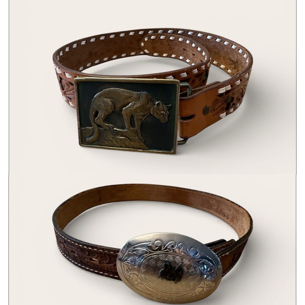 RAMS HORN Justin solid bronze Cougar belt buckle 1976 and Tomy Lama belt